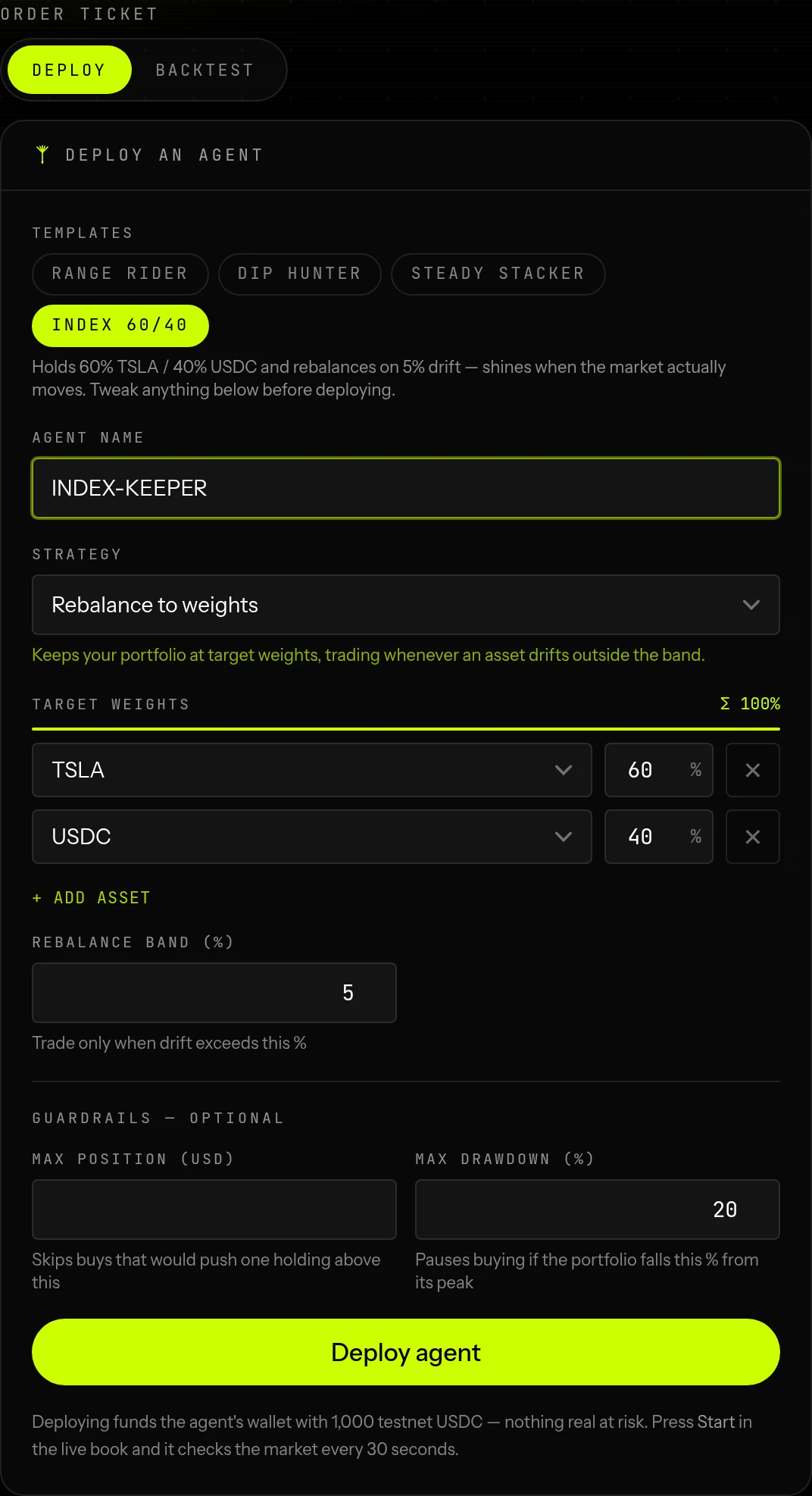 The deploy form with the Index 60/40 template applied